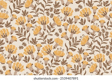 Flowers pattern seamless.Brown orange autumn flowers Ikat vintage design paisley embroidery with floral motifs. Ethnic pattern oriental traditional. Flowers vector illustration. 