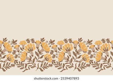 Flowers pattern seamless.Brown orange autumn flowers Ikat vintage design paisley embroidery with floral motifs. Ethnic pattern oriental traditional. Flowers vector illustration. 