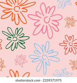 Flowers pattern.Set of simple floral seamless patterns. Doodle style on pink colors. sketch. Botanical collage in modern trendy style. Summer meadow flowers bundle.1970 Daisy Flowers.Hand Drawn.