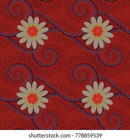 Flowers pattern with small beige, red and brown flowers. Ditsy style. Vintage floral background. Seamless vector pattern for design and fashion prints.