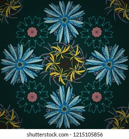 Flowers pattern with small black, blue and yellow flowers. Vintage floral background. Ditsy style. Seamless vector pattern for design and fashion prints.
