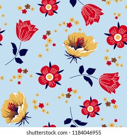 Flowers pattern with small daisies on blue background for textile pattern, dress print