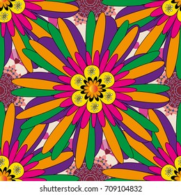Flowers pattern with small green, purple and yellow flowers. Vintage floral background. Seamless vector pattern for design and fashion prints. Ditsy style.