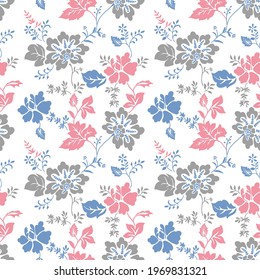 Flowers pattern with small grey, pink, blue flower on a white background. Vintage floral background. Seamless vector pattern for design and fashion prints. 