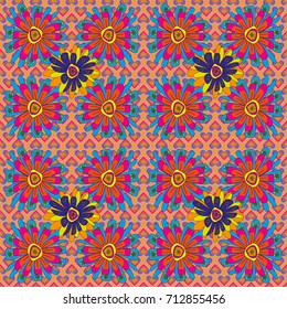 Flowers pattern with small magenta, orange and blue flowers. Seamless vector pattern for design and fashion prints. Ditsy style. Vintage floral background.