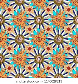 Flowers pattern with small orange, blue and orange flowers. Ditsy style. Seamless vector pattern for design and fashion prints. Vintage floral background.