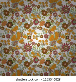 Flowers pattern with small orange, red and brown flowers. Ditsy style. Seamless raster pattern for design and fashion prints. Vintage floral background.