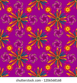 Flowers pattern with small yellow, purple and red flowers. Ditsy style. Seamless vector pattern for design and fashion prints. Vintage floral background.
