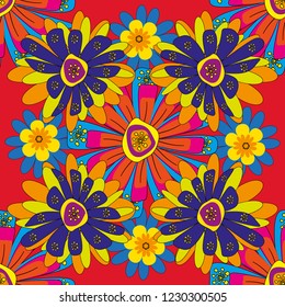 Flowers pattern with small yellow, red and orange flowers. Ditsy style. Seamless vector pattern for design and fashion prints. Vintage floral background.