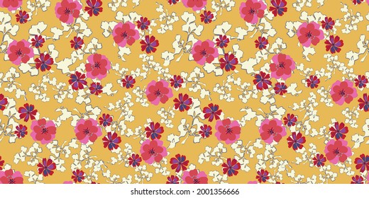 Blumen Muster Feder botanischen Design. Liberty-Stil. Blumen nahtloser Hintergrund für Textil- oder Buchumschläge, Herstellung, Bildschirmhintergrund, Druck, Geschenkverpackung und Scrapbooking. Vektorgrafik.