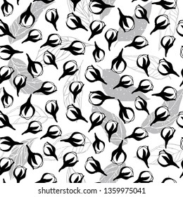Flowers pattern vector. Floral seamless background with stylized hand drawn flowers and leaves.