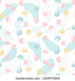 Flowers pattern vector. Floral seamless background with stylized hand drawn flowers and leaves.