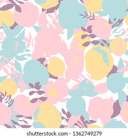 Flowers pattern vector. Floral seamless background with hand drawn stylized peonies or roses  and leaves.