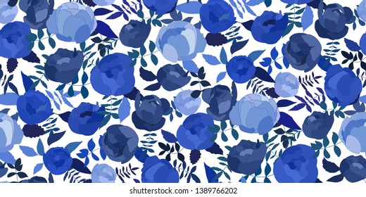 Flowers pattern vector. Floral seamless background with hand drawn stylized peonies or roses  and leaves.
