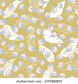 Flowers pattern vector. Floral seamless background with stylized hand drawn flowers and leaves.
