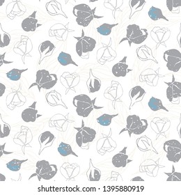 Flowers pattern vector. Floral seamless background with stylized hand drawn flowers and leaves.