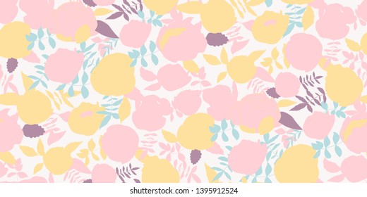 Flowers pattern vector. Floral seamless background with hand drawn stylized peonies or roses  and leaves.
