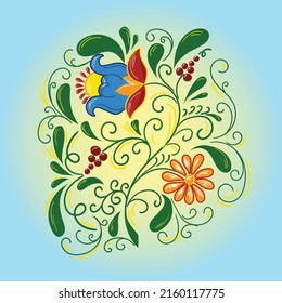 Flowers pattern in vintage style. Vector print with Ukrainian ethnic flower, berries, leaves and  branches. Folk fashionable stylish element for textile