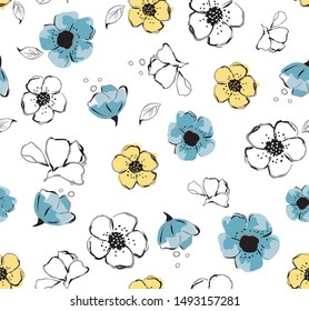 Flowers pattern yellow and blue floral daises textile design watercolor print