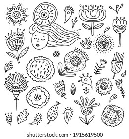 Flowers and patterns in doodle style, sketch and outline.