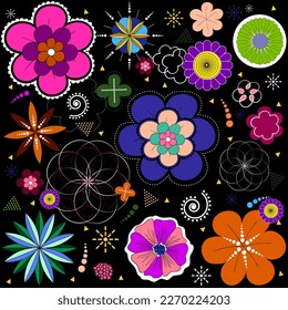 Flowers, patterns, floral graphics, colorful, on a black background.