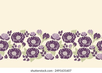 Flowers patterns seamless background border embroidery ikat texture. Purple pink Lotus floral motifs paisley batik. Indian flowers design hand drawn Vector illustration. 