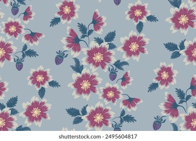 Blumen Muster nahtlose Hintergrund Rand Stickerei Kat Textur. Pink blau Dahlie Vintage Blumenmotive Paisley Batik Design handgezeichnet Vektorgrafik. 