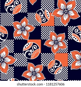 Flowers pattern,Violet floral with checkered background for textile pattern, fashion print, fabric design