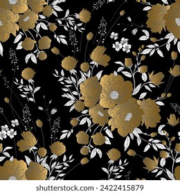 Flowers peonies and butterflies on black background. Floral seamless pattern. Vector illustration. Cute gold flowers. Template for fabrics, textiles, wrapping paper, wallpaper. Vintage.
