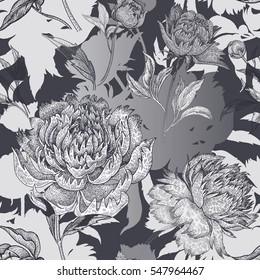 Flowers peonies, roses, leaves and branches. Seamless vector pattern. Vintage illustration art. Black and white engraving. Template for design paper, fabric, wallpaper, wrapping, covers, case phone.