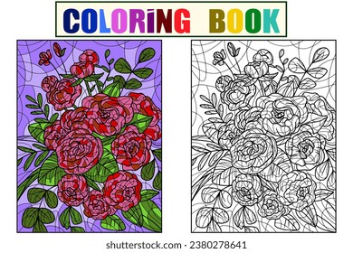 Flowers peonies, white background. Seth coloring book and color drawing. Example lesson antistress
