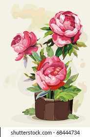 Flowers peony in a pot on light background, Elegance retro vector illustration.