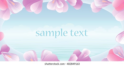 Flowers petals background. Flowers design. Flowers frame. Pink petals against background of turquoise sea. View from the window. Vector