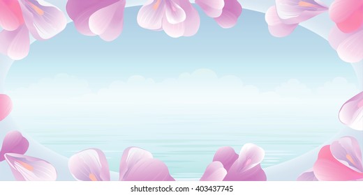 Flowers petals background. Flowers design. Flowers frame. Pink petals against background of turquoise sea. View from the window. Vector