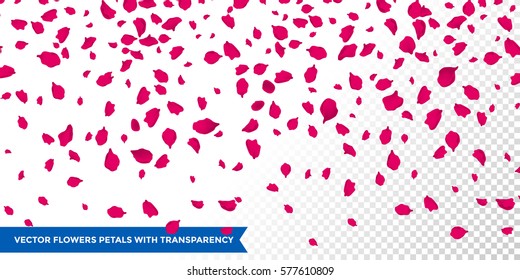 Los pétalos de flores caen sobre el fondo transparente vectorial. Día de la Mujer, San Valentín o la boda de corazones rosados volando en el fondo de un torbellino de viento