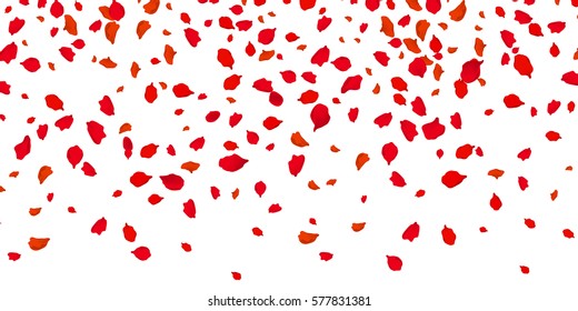 Flowers Petals Falling On Vector White Background. Valentine, Wedding Or Women Day Love Red Roses Florals Flying In Wind Whirl Backdrop