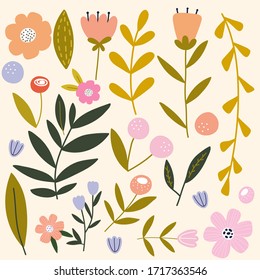 Flowers, petals, leaves tulips, peonies hand drawn elements. Print for T-shirts, kids book, notebook, poster, postcard etc.Vector illustration. 