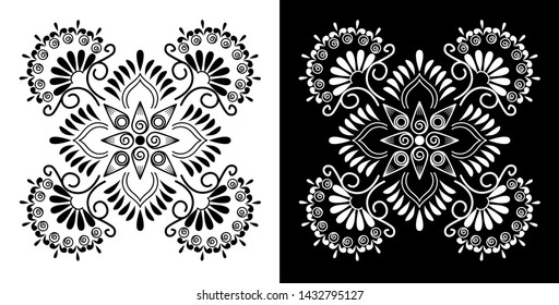 Flowers, Petals and Spirals - Indian Traditional and Cultural Rangoli, Alpona, Kolam or Paisley vector line art with dark and white background