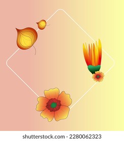 Flowers and Physalis Buds. Collage. Vector Illustration, hand drawn Botanical elements. White frame with orange-red Buds and Flowers on background. For pattern, posters, invitation, greeting cards