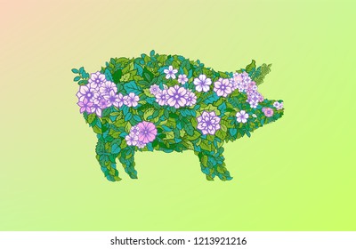Flowers Pig Vector Illustration