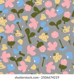 Flowers and pink birds on gray background. Cute seamless pattern.