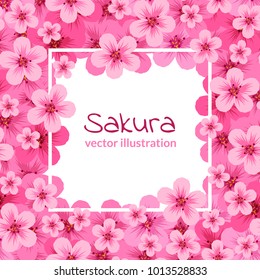 Flowers of a pink blossoming cherry on a white background with a frame for text. Sakura. Design for a poster, invitation, label. Vector illustration.