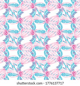 Flowers in pink and blue seamless vector pattern. Light girly surface print design for fabrics, stationery, packaging, gift wrap, scrapbooking, and textiles.