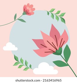 flowers pink in circular frame
