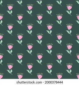 Las flores son rosas en un fondo verde. Patrón vectorial sin fisuras para papel de pared, fondo, papel de embalaje, tela.