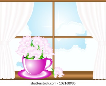 Flowers in pink pot in the window