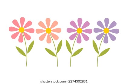 Flores rosas y violetas aisladas en un fondo blanco. Ilustración vectorial.