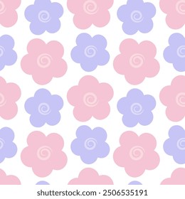 Flowers. Pink and purple inflorescence of a flowering plant. Seamless vector pattern. Isolated colorless background. Endless summer ornament of opened flower buds with round petals. Flat style.