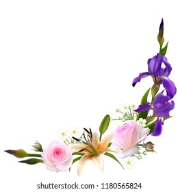 Flowers. Pink roses. Floral background. Green leaves. Buds. Plant pattern. Irises. Lilies. Border. Bouquet.