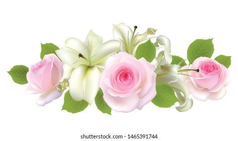 Flowers. Pink roses. Lilies. Green leaves.